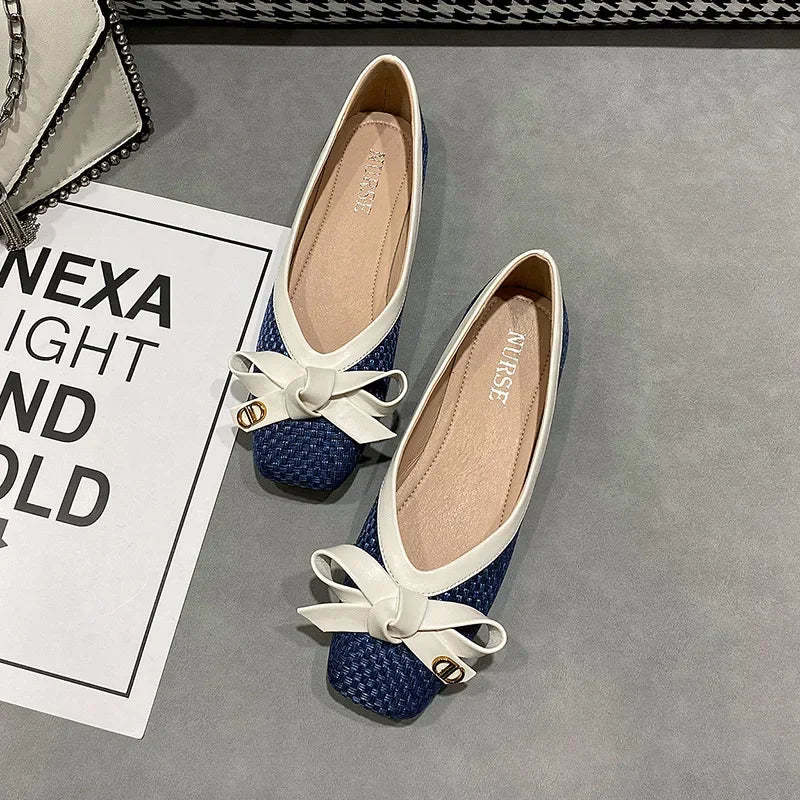 Women's Shoes Spring and Summer 2025 New Fashion Woven Bow Square Toe Flat Shoes Soft Soles Large Casual Ballet Shoes