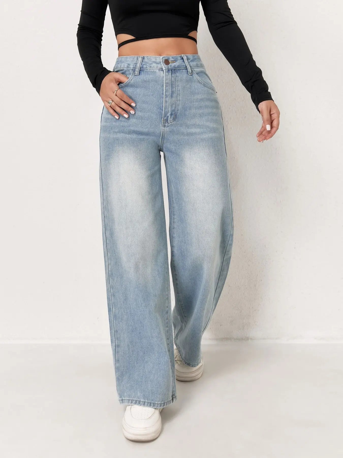 European and N Trend Washed Blue Wide Leg Jeans Women Jeans Women Comfortable Fashion All-matching Trend Jeans