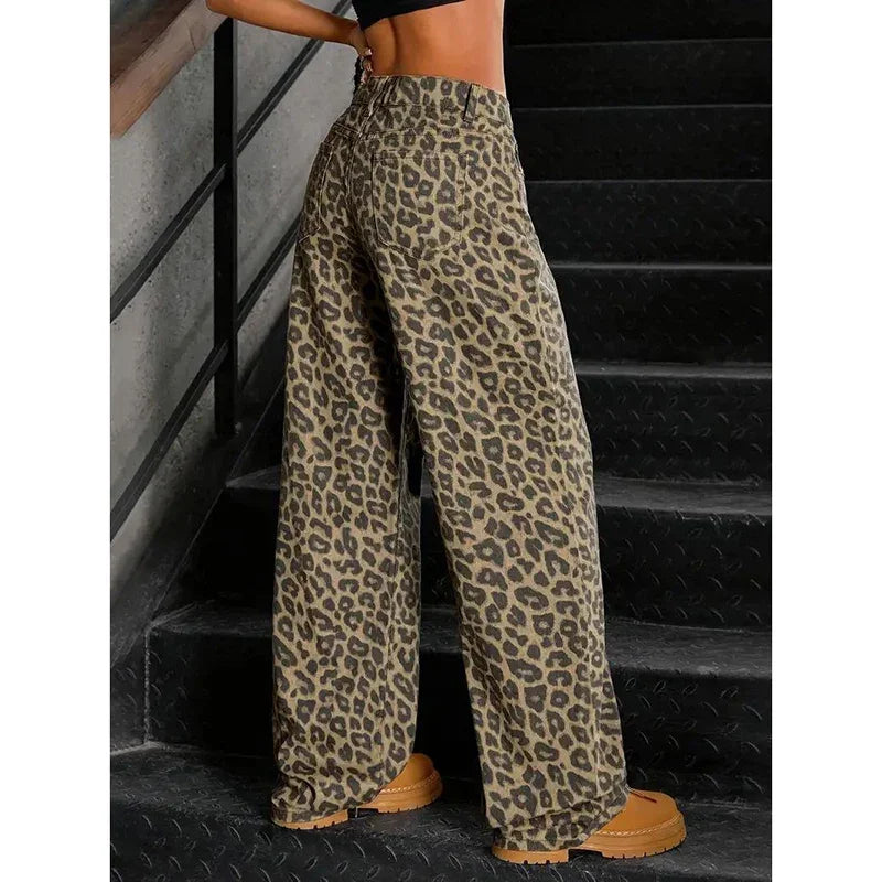 Women Retro Fashion Straight Leg Jeans Girls High Waist Loose Fit Denim Pants Female Chic Leopard Print Daily Trousers