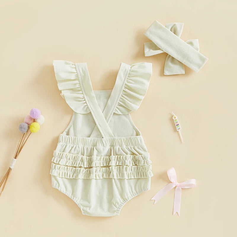 Toddler Baby Girl Birthday Outfits Sleeveless Square Neck Bow Embroidery Romper with Headband Set Newborn Clothes