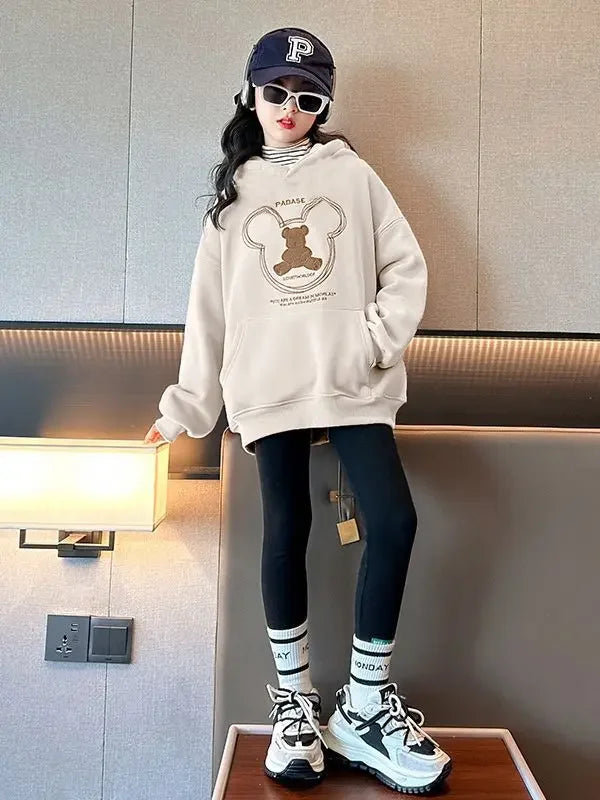 2026 girls clothes spring winter sweatshirt bear t-shirt hooded + stretch pants leggings teens children set 8 9 10 11 12 year