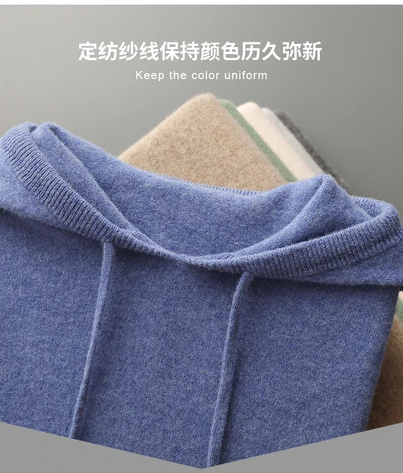 Men's One-piece ready-to-wear Hoodie 100% Merino Wool Knitted Sweatshirt Autumn Winter Casual Large Top Long Sleeved