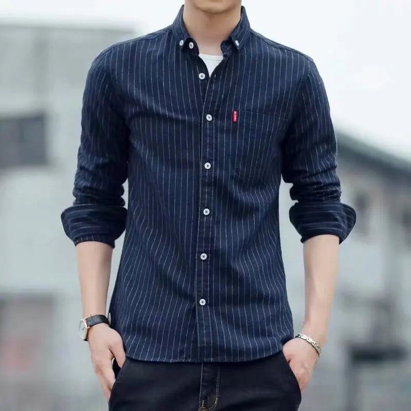 Retro Striped Casual Long Sleeve Men's Shirt Spring Autumn Workwear American Collar Jacket Youth Fashion Polyester Fiber