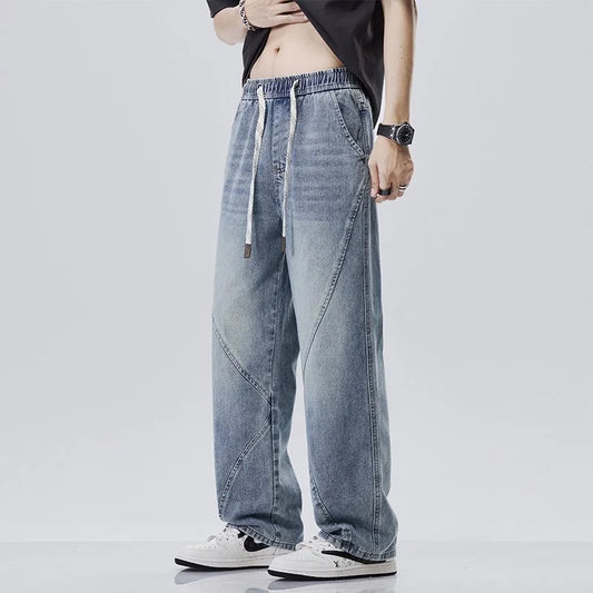 Men's Retro Relaxed Straight Leg Blue Denim Jeans - Wide Fit Casual Comfortable Trousers for Spring/Summer Collection
