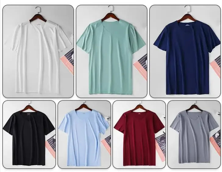 Summer Seamless Breathable Ice Silk T-Shirt Vest Men's Sports Short Sleeve T-shirt Solid Color V-neck Tees Quick Dry Shirt Tops