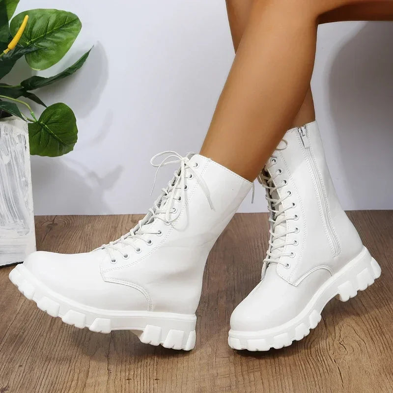 Boots Women 2024 Autumn Winter PU Leather White Ankle Boots Motorcycle Botines Female Chunky Heels Platform Boots Botas Mujer