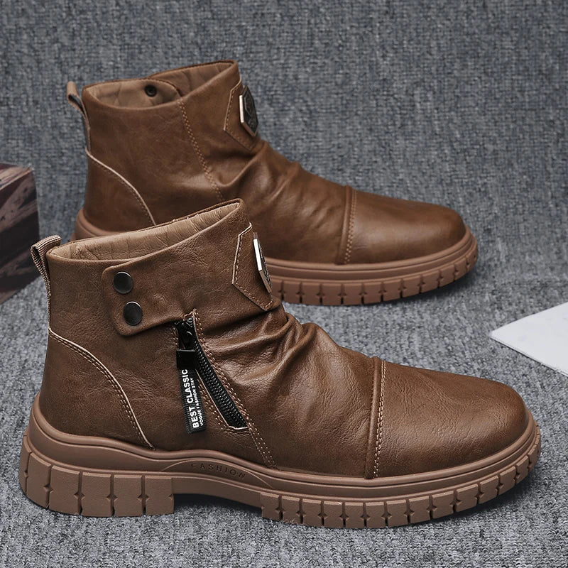 Fashion Mens Ankle Boots British Style High Top Casual Shoes Outdoor Walking Shoes Non-slip Work Boots Comfortable Leather Boots