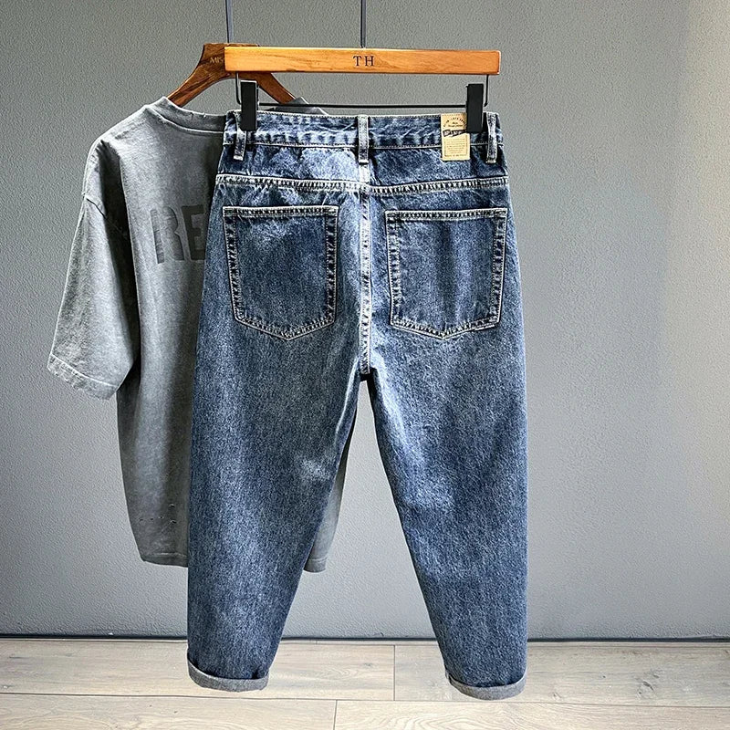 Men's Tapered Jeans Fashion Streetwear Casual Pants Personality Vintage Blue Denim Trousers Hip Hop High Quality Male Clothes