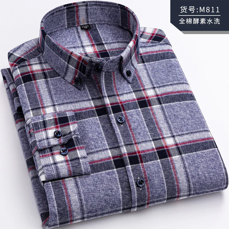 Pure Cotton Men's Plaid Shirt Long Sleeve Regular Fit Men Casual Oversized Shirt Leisure Autumn Male Blouse New Plus Size