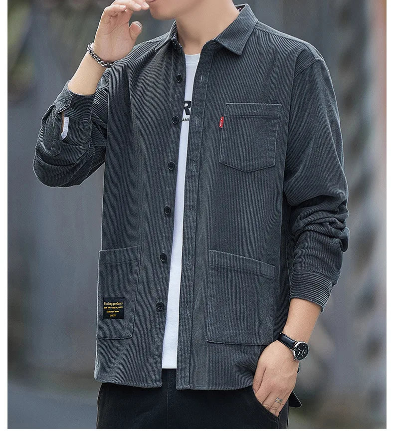 Corduroy Long Sleeve Shirt Casual Slim Fit Youth Multi Pocket Wear Resistant Fashionable Spring Autumn Men's Outerwear