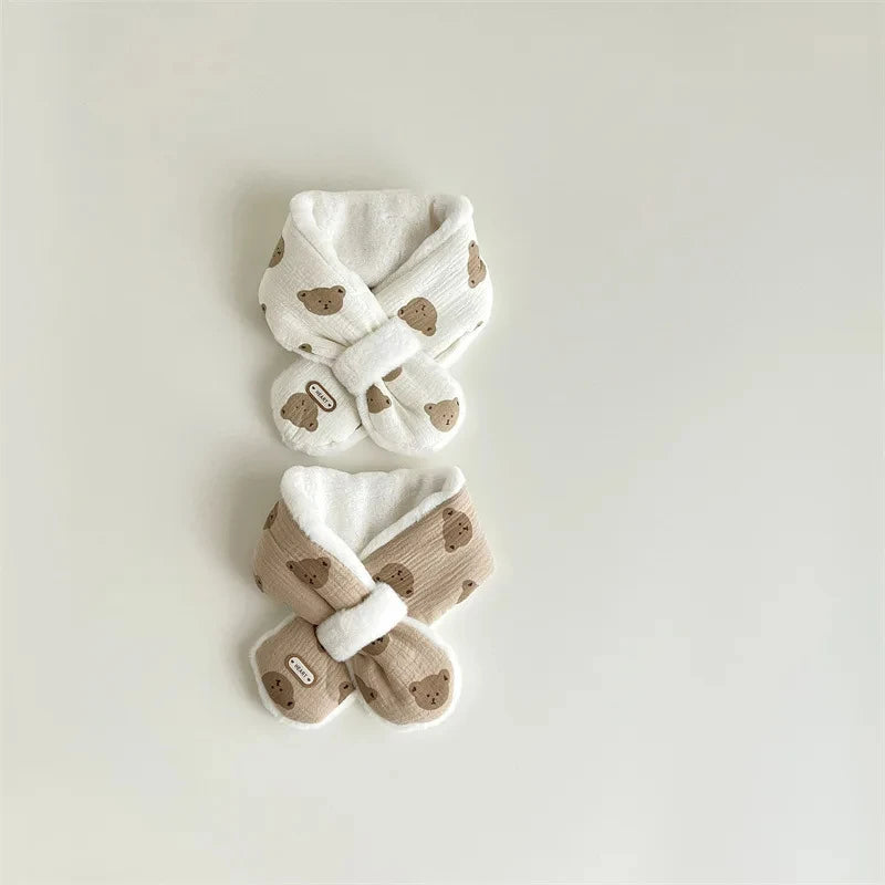 Cute Bear Baby Scarfs Winter Fleece Neck Warmer Cross Scarves for Girls Boys Toddler Kids Warm Accessories Korean 1-6 Years Old