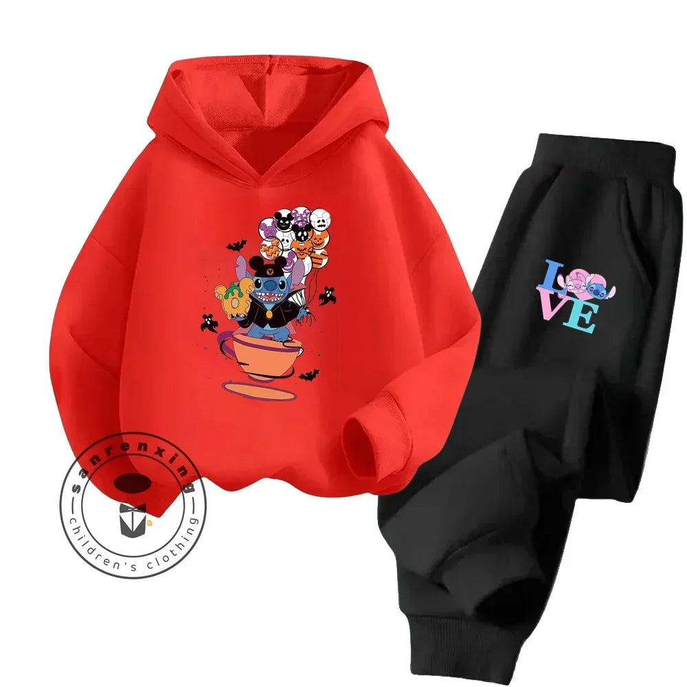 Cartoon Stitch Children Hooded Sweatshirt+Pants Two-piece Set Boy Girl Autumn Winter Daily Outdoor Vacation Warm Soft Sportswear
