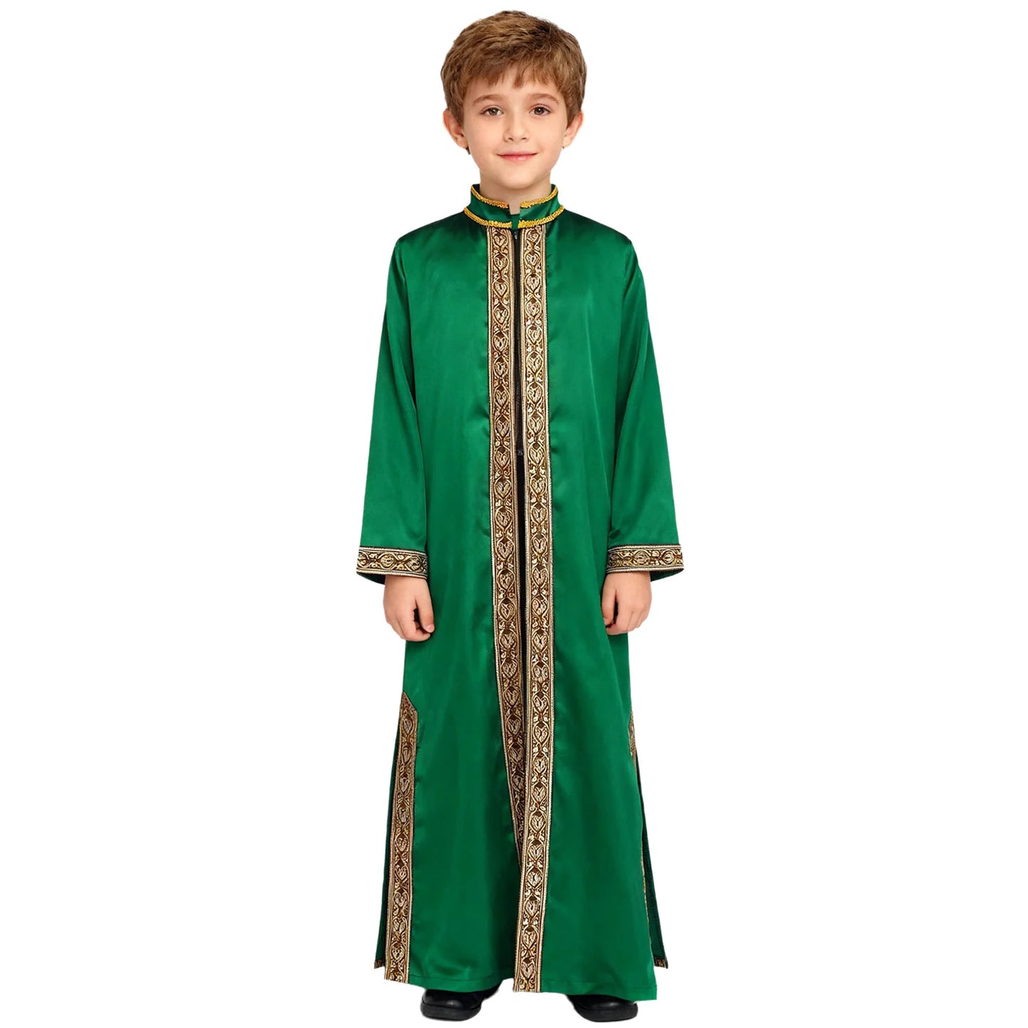Boys Islamic Robe Kaftans Arab Gown Long Sleeves Slit Zipper Gold Embroidery Maxi Muslim Thobe Kids Festival Holiday Costume