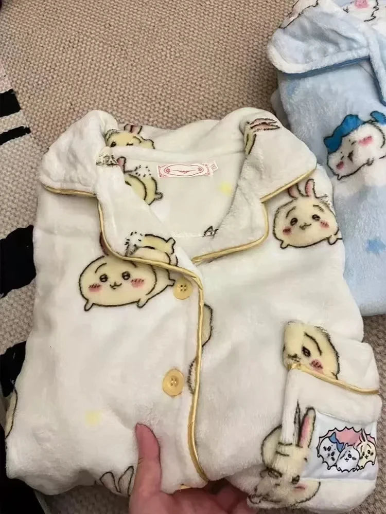 Chikawa Flannel Pjs Thicken Winter Usagi Long Sleeved Pajama Pants Set for Women Plus Velvet Cute Blue Hachiware Home Clothes