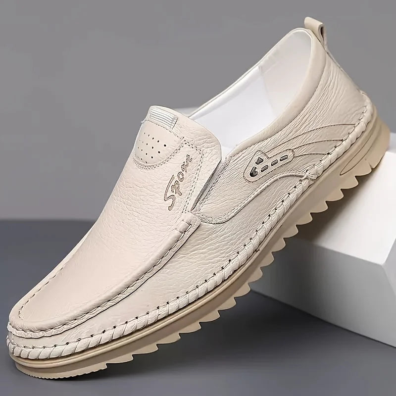Classic Leather Loafers for Men - Elegant Beige Slip-On Shoes with Round Toe Ideal for Business and Casual Outfits