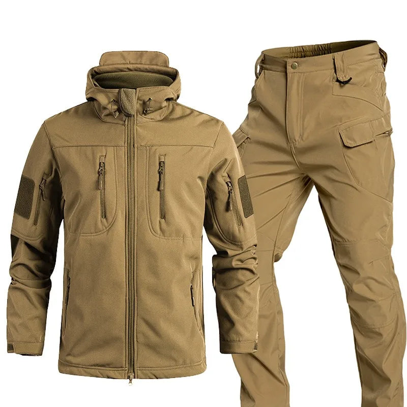 Men's Sets Jackets Winter Pants Water Resistant Coats Fleece Lined Hooded Snowboard Softshell Tactical Pants with Multi-Pockets