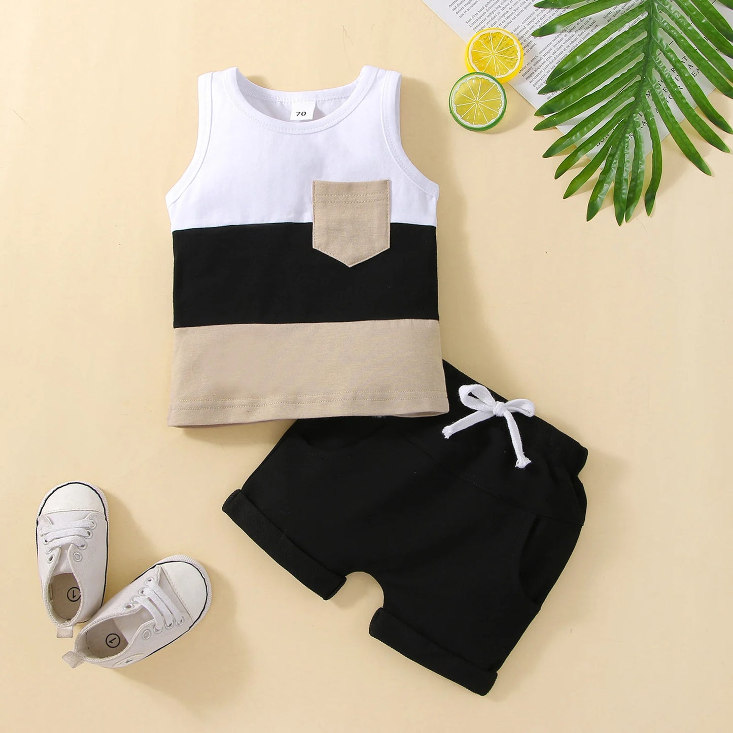 Infant Baby Boys 2PCS Pants Suit, Sleeveless Patchwork Crew Tank Tees + White Straps Short Pants, Toddler Boys Casual Outfit