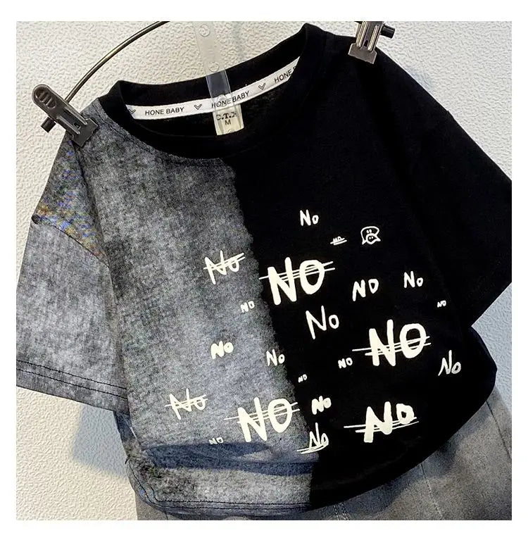 Korean Baby Boys Summer Sets Children's Clothing Short-Sleeved Letter T-Shirt & Denim Shorts Kids Boys Outfits Clothes 2-11Y