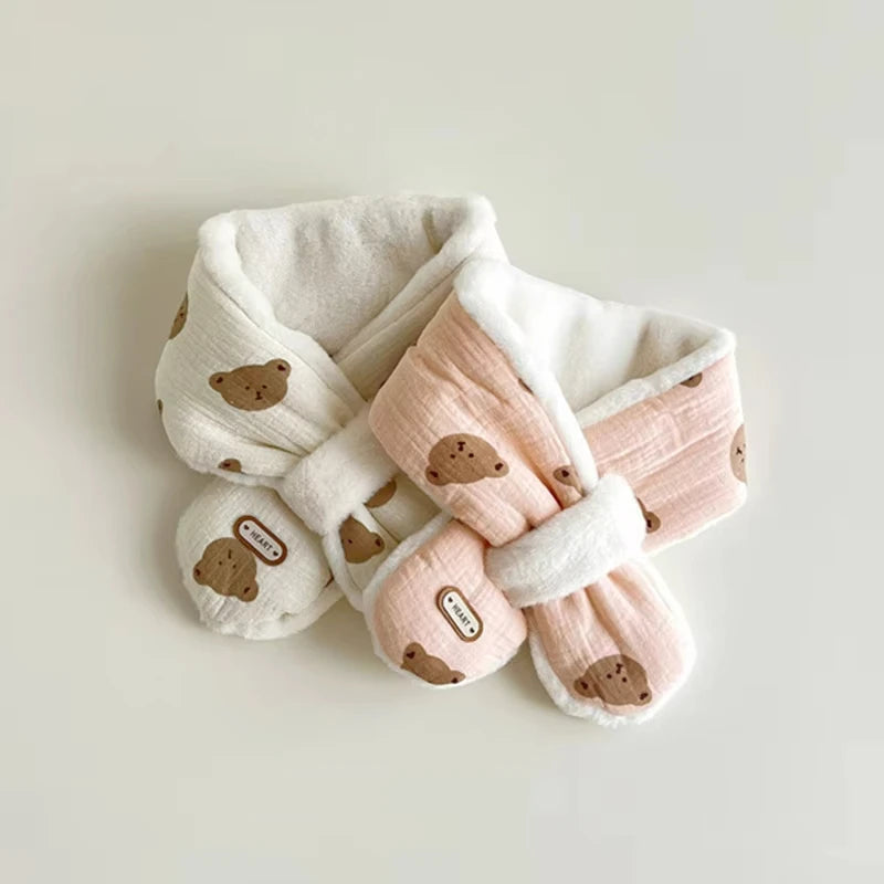 Cute Bear Baby Scarfs Winter Fleece Neck Warmer Cross Scarves for Girls Boys Toddler Kids Warm Accessories Korean 1-6 Years Old