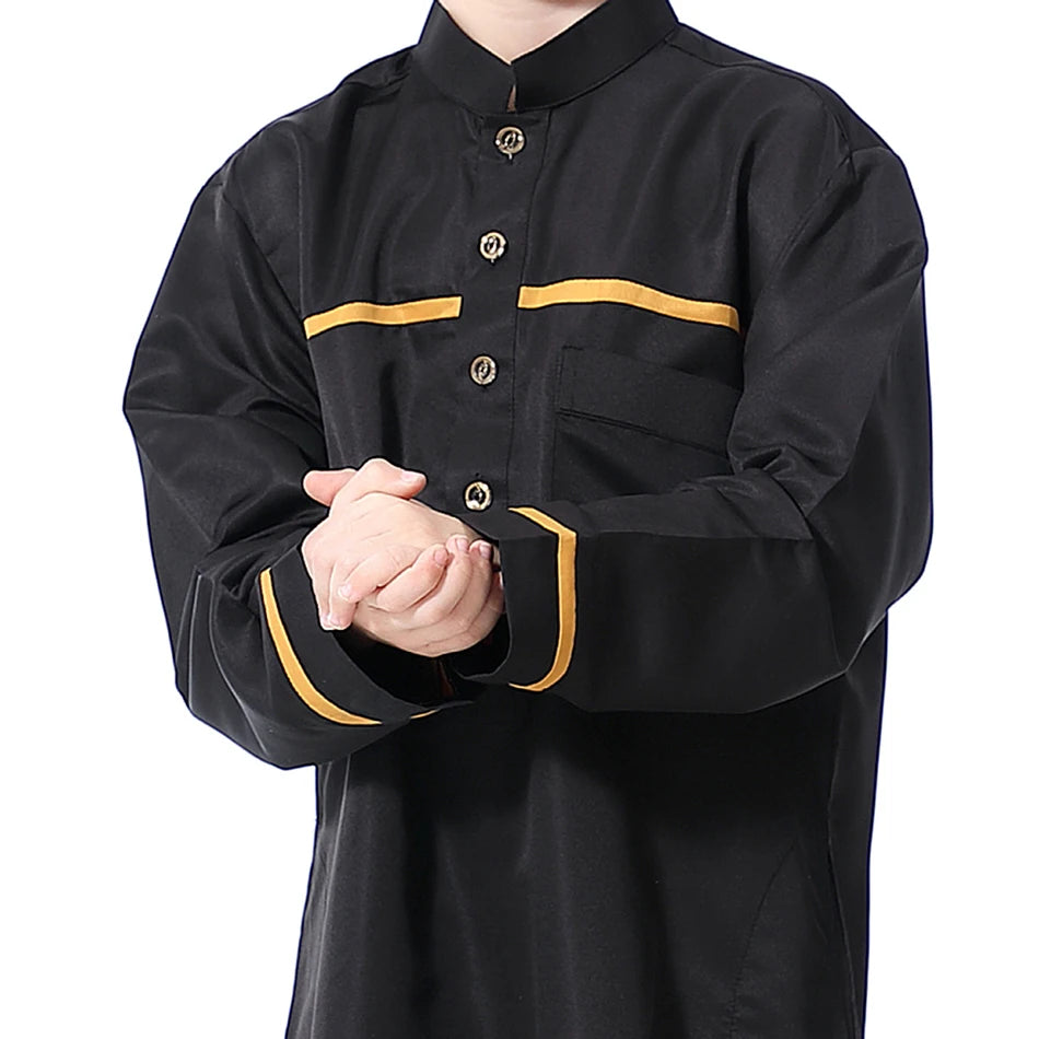 Ramadan Eid Islamic Boys Long Robe Children Traditional Arab Thobe Thawb Caftan Solid Color Long Sleeve Stand Collar with Pocket