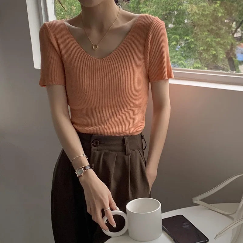 2026 Basic V-neck Solid Thin Summer Women Pullover Female Knitted Ribbed Sweater Slim Short Sleeve Bodycon Sweater