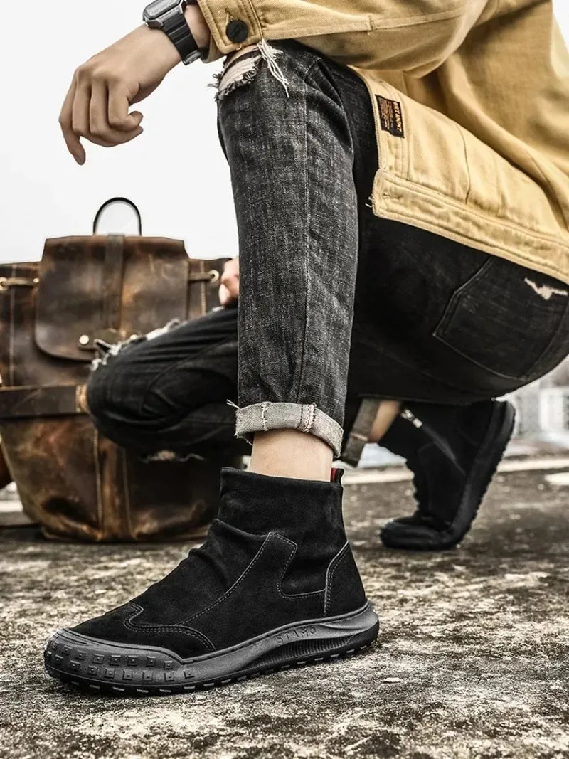 Boots for Men Retro Side Zipper Men's Ankle Boot Pleated Designer Men Boots  Outdoor Non Slip Workwear Booties Botas Para Hombre