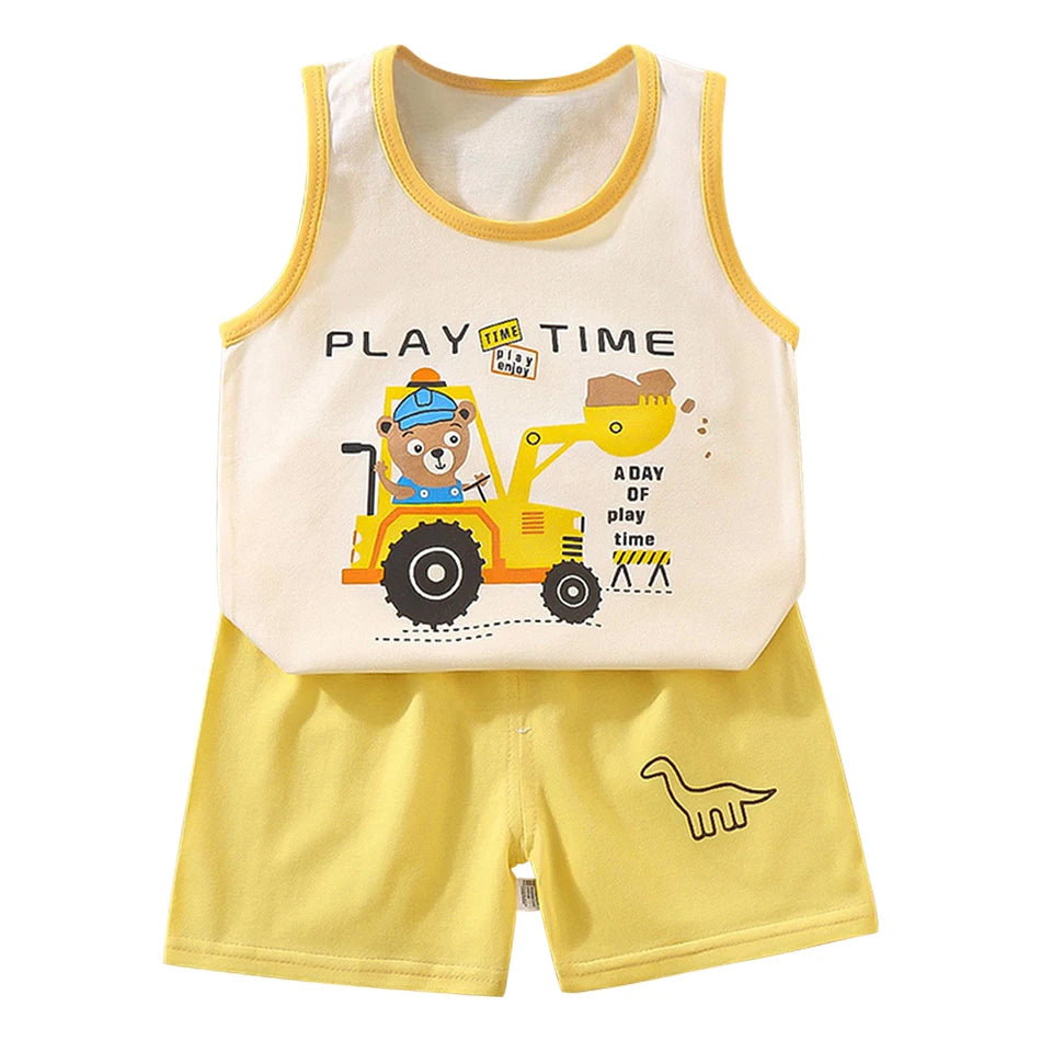 2 Pcs Summer Children's Animal Cartoon Print Vest Sets Girls Clothes Baby Korean Thin Boys Kids Sleeveless Casual Clothing Sets