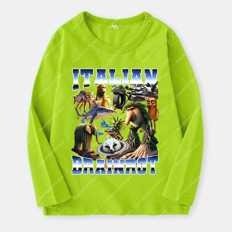 Italian Brainrot Long Sleeve T-shirt for Kids Funny Meme Children Autumn Tops Tung Tung Tung Sahur Tee Boy Girl Clothing Gifts