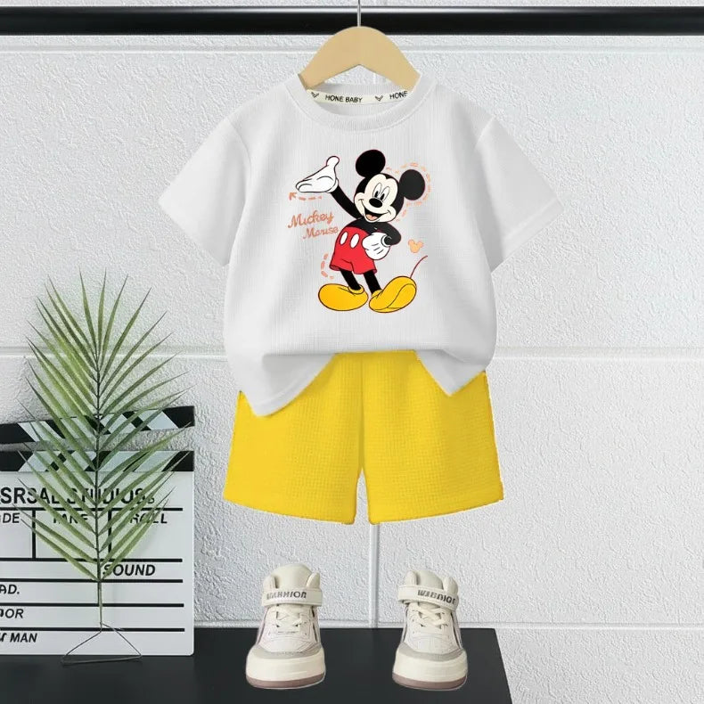 DISNEY Mickey Printed Summer Boys Casual Outfits Children Breathable T Shirt and Short Bottom Two Piece Set Kids Shorts Set New