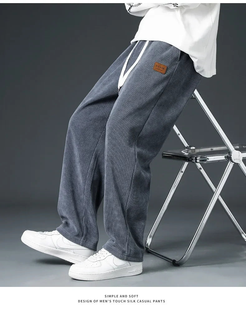 Trendy Corduroy Men's Pants Casual Fleece-Lined Loose-Fit Straight-Legged Sweatpants Autumn Winter High-Quality Foreign Trade