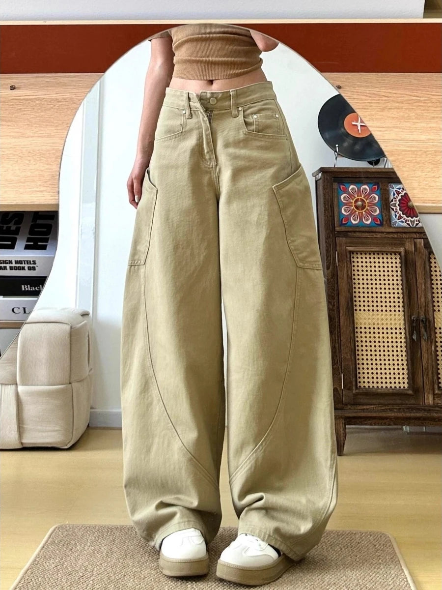 Retro American Khaki Wide Leg Jeans Women's Loose Fit Slimming Spring Autumn High Waist Versatile Casual Cotton Denim Pants
