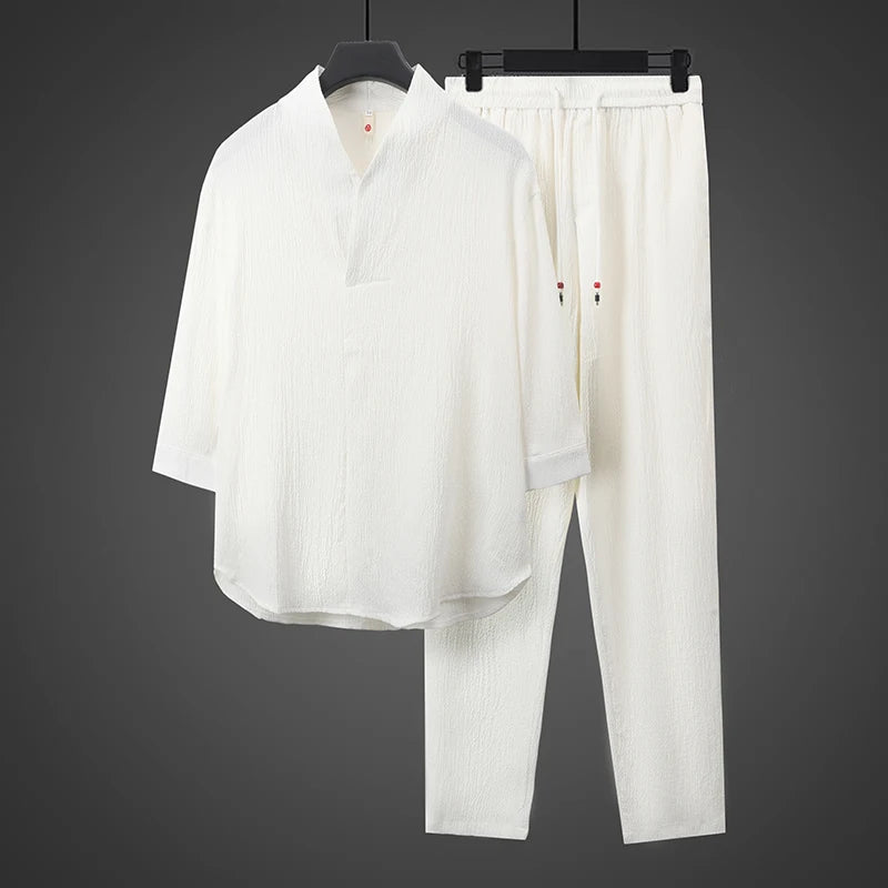 Summer Thin Ice Silk Casual Loose Sve T-irt Two-Piece Set for Young Men Comfortable Breathable Lightweight Long Pants