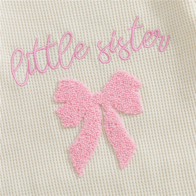 Newborn Baby Girls 2Pcs Fall Romper Outfits Long Sleeve Round Neck Bow Letter Embroidery Jumpsuit with Headband Set