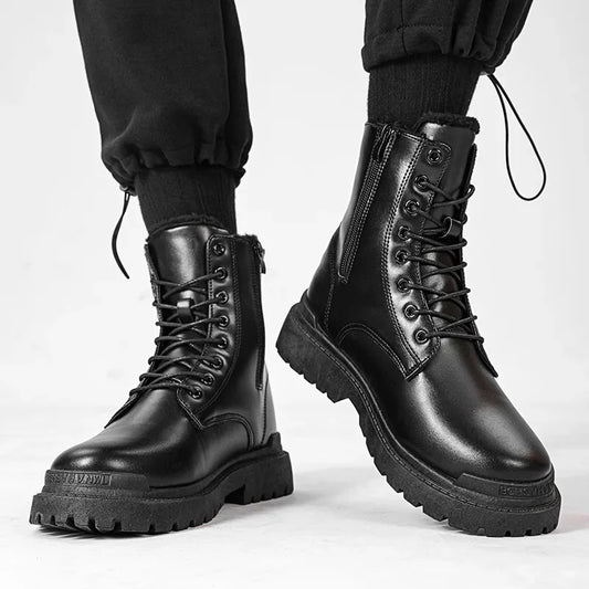 Men's Boots Fashion Motorcycle Ankle Boot Waterproof Leather Boots Lace Up Platform Boots for Men Plush Warm Winter Boot Botas