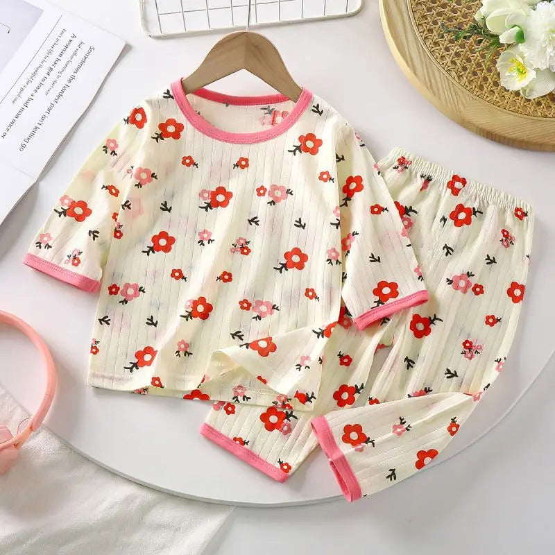 Babies Cartoon Sleepwear 2pcs Summer Wear Thin Soft Loose Home Clothes Sets Infant Girls Seven-point Sleeve Tops Pajama Pants