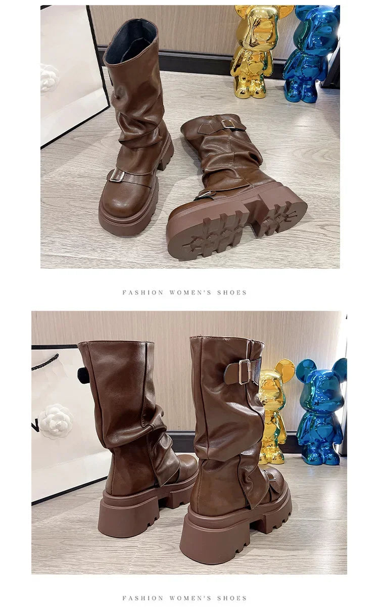 Women's Boots Brown Maillard Retro New Spring Autumn Height Increasing Comfortable Anti Slip Fashion Belt Buckle Boots 2025