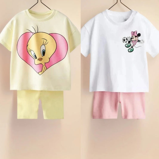 Lovely Toddler Girls' 2 Knit Sets Tweety Bird And Minnie Mouse Printed Tops + Shorts Cartoon Print Children Costume Cotton Suit