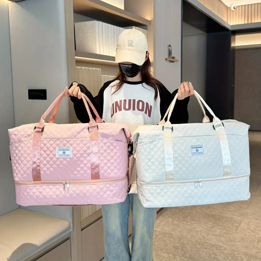 2pcs Set Large Capacity Travel Duffel Bag with Shoe Compartment and Cosmetic Pouch, Casual Nylon Gym Bag, Weekend Overnight Bag