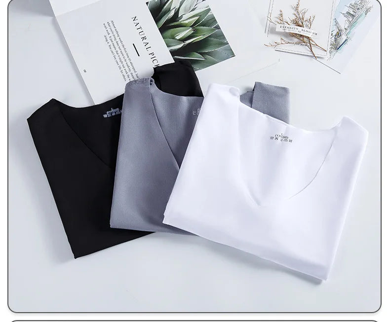 Summer Seamless Breathable Ice Silk T-Shirt Vest Men's Sports Short Sleeve T-shirt Solid Color V-neck Tees Quick Dry Shirt Tops