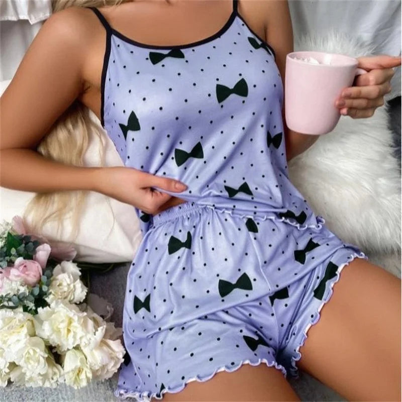 Womens Sexy Heart Print Pajama Set Cami Top Lettuce Trim Shorts Two Piece Sleepwear Loungewear Spaghetti Strap Contrast Trim