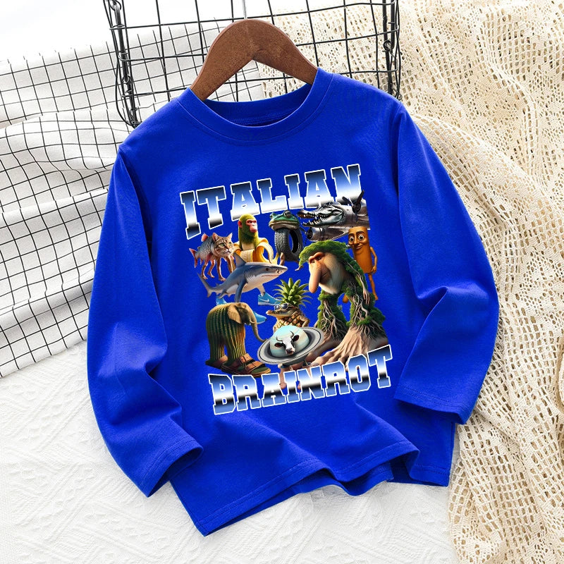 Italian Brainrot Long Sleeve T-shirt for Kids Funny Meme Children Autumn Tops Tung Tung Tung Sahur Tee Boy Girl Clothing Gifts