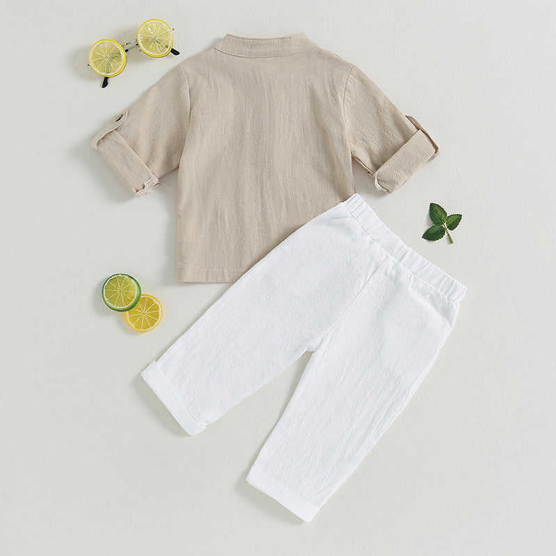 Pudcoco Kid Baby Boys Summer Outfits Solid Color Buttons Short Sleeve Shirts and Elastic Waist Long Pants 2Pcs Clothes Set 6M-4T