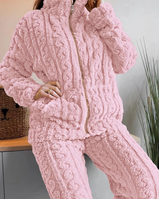 Women's Winter 2 piece sets women outfit Coral fleece pajamas home set Stand Collar Zip Up Fuzzy Teddy Top high waisted Pant Set