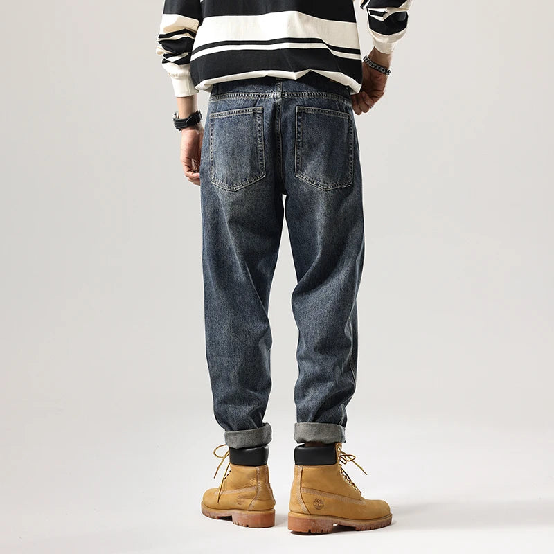 Men's Tapered Jeans Fashion Streetwear Casual Pants Personality Vintage Blue Denim Trousers Hip Hop High Quality Male Clothes