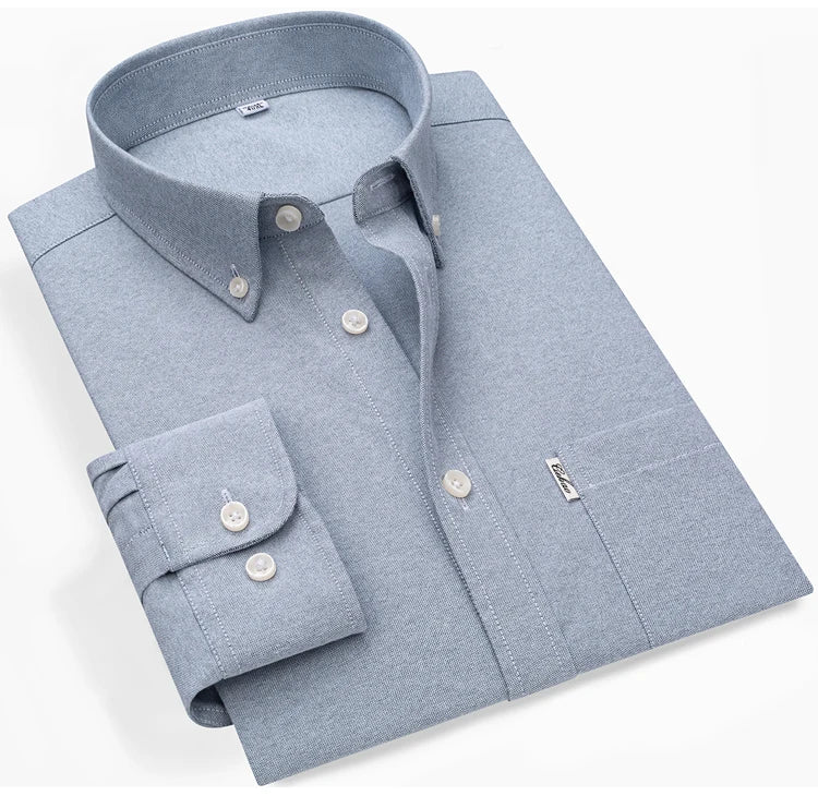 Men's Hard-wearing Comfortable 100% Cotton Long Sleeve Dress Shirt with Pocket, Spring Autumn Casual Oxford Button-Down Shirts
