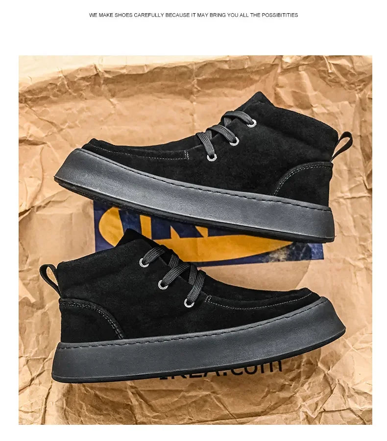 Men's High-top Boots in Solid Colors Flat Heels and Lace-up A Trendy Brand Design for The Four Seasons Fashion Walking Boots