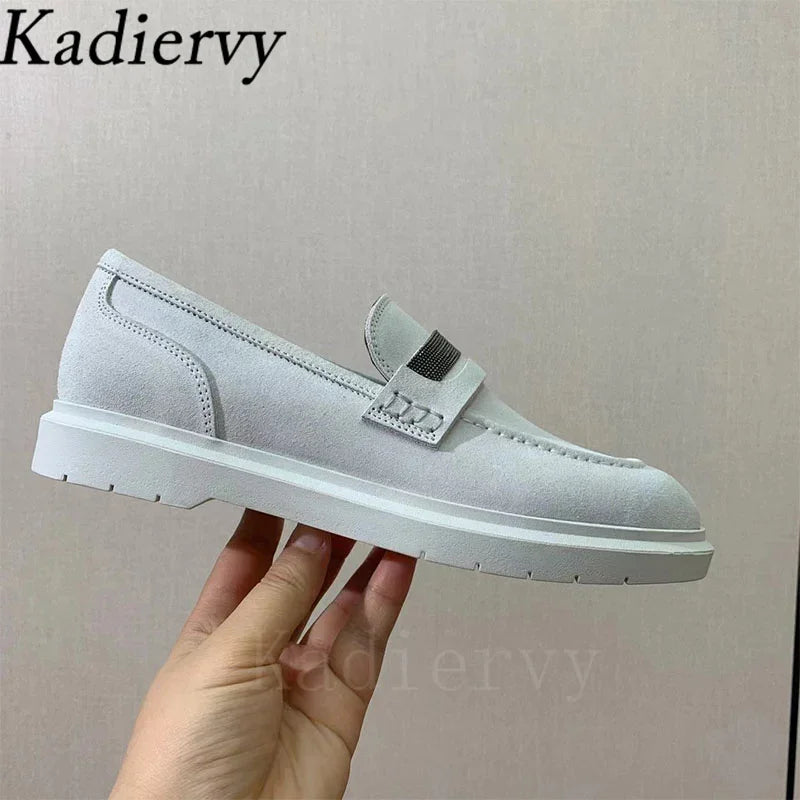 Classics Flat Shoes Women Luxury Cow Suede Chain String Bead Round Toe Slip-on Walk Shoes Female Casual Comfort Loafers Woman