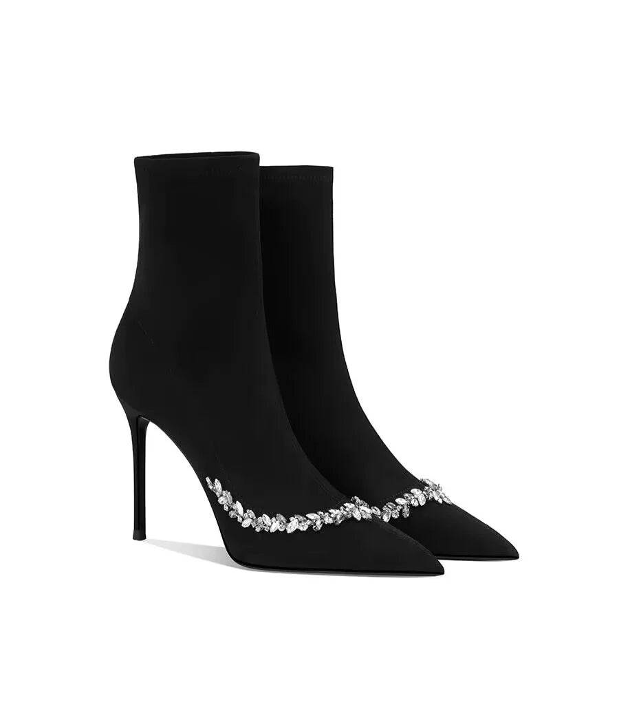 High-end pointed-toe, thin-heeled, fashionable ankle boots for women, new water diamond, elegant and noble ankle boots
