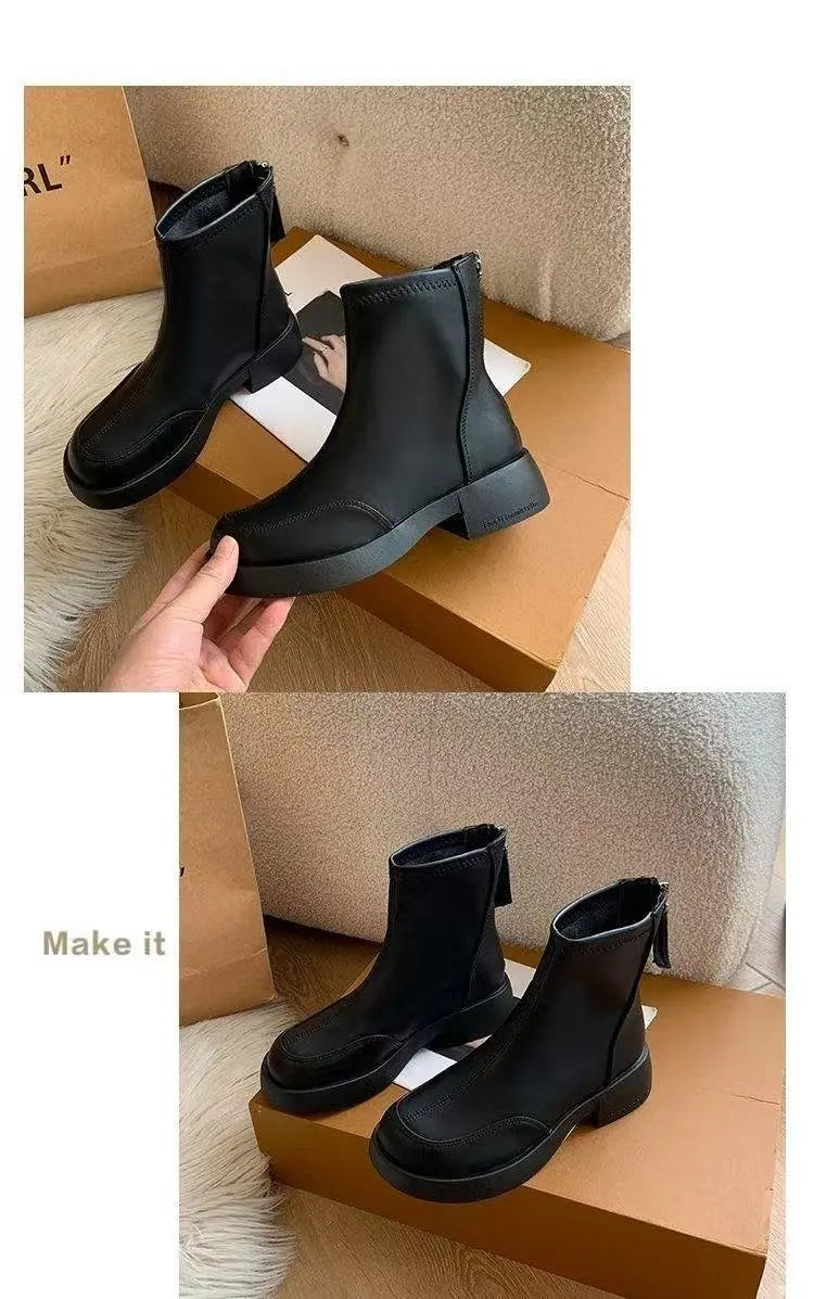 Women's British Chelsea Boots     Black Square-Toe Elastic Booties Side Zip Fringe Winter Shoes Versatile Winter Shoes