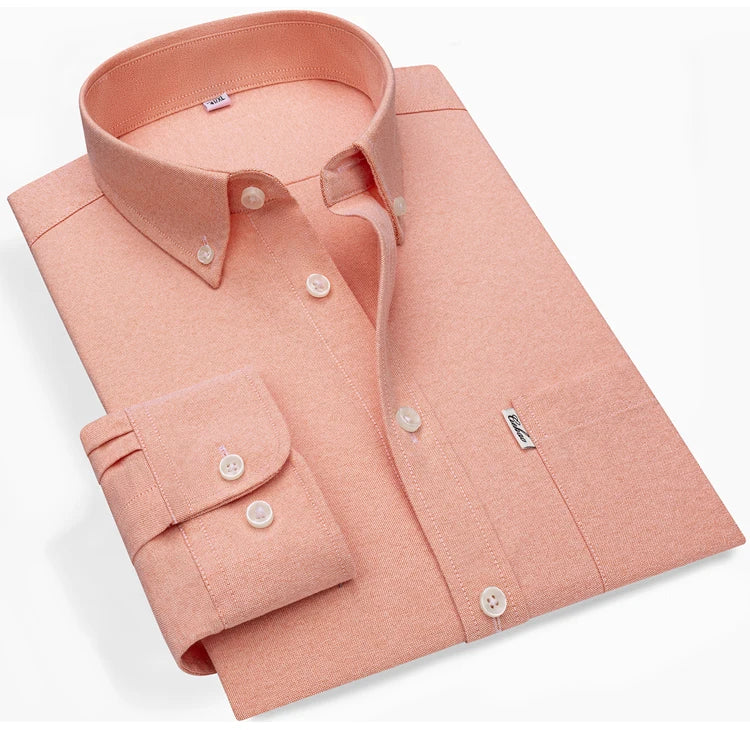 Men's Hard-wearing Comfortable 100% Cotton Long Sleeve Dress Shirt with Pocket, Spring Autumn Casual Oxford Button-Down Shirts